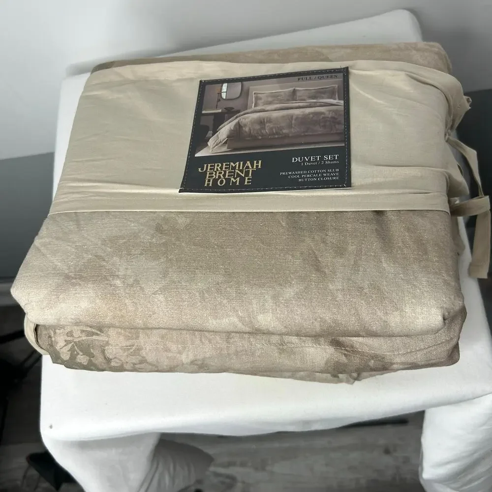 Jeremiah Brent Home Full Queen Duvet Set Cotton Slub Percale Neutral Floral
